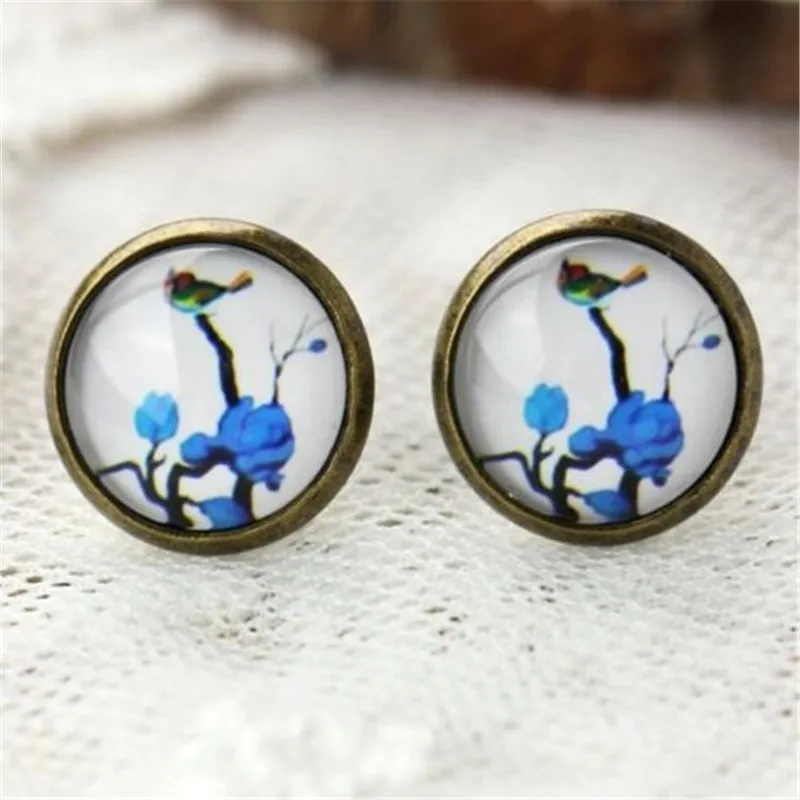 Charming Birds Earring Studs Bronze Vintage Retro Earring Glass Gem Jewelryin Hoop Earrings