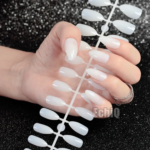 White Jade Oval Sharp end Stiletto False Nails Jelly White Translucent Fake Nails Tips Manicure Artificial Nails Salon