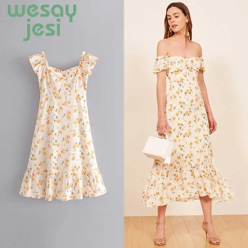 

2019 Women elegant floral printing sleeveless midi dress ruffled slash neck female casual sweet dresses summer chic vestidos
