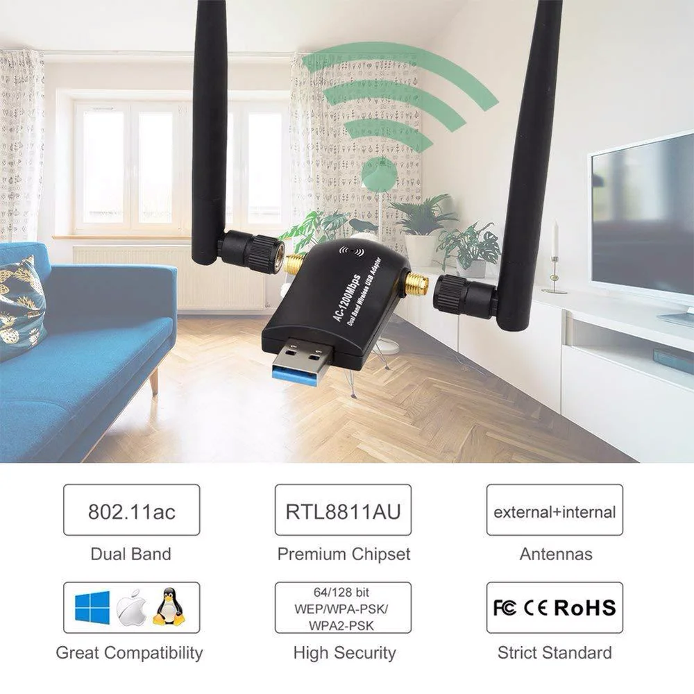 Беспроводной ТВ адаптер AC1200 USB Wifi двухдиапазонный 2 4G/5 8G с высоким коэффициентом
