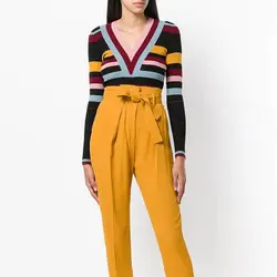 2018 осень Лидер продаж Для женщин Kintted свитер новая мода полосатый Sexy V шеи длинным рукавом облегающее пуловер