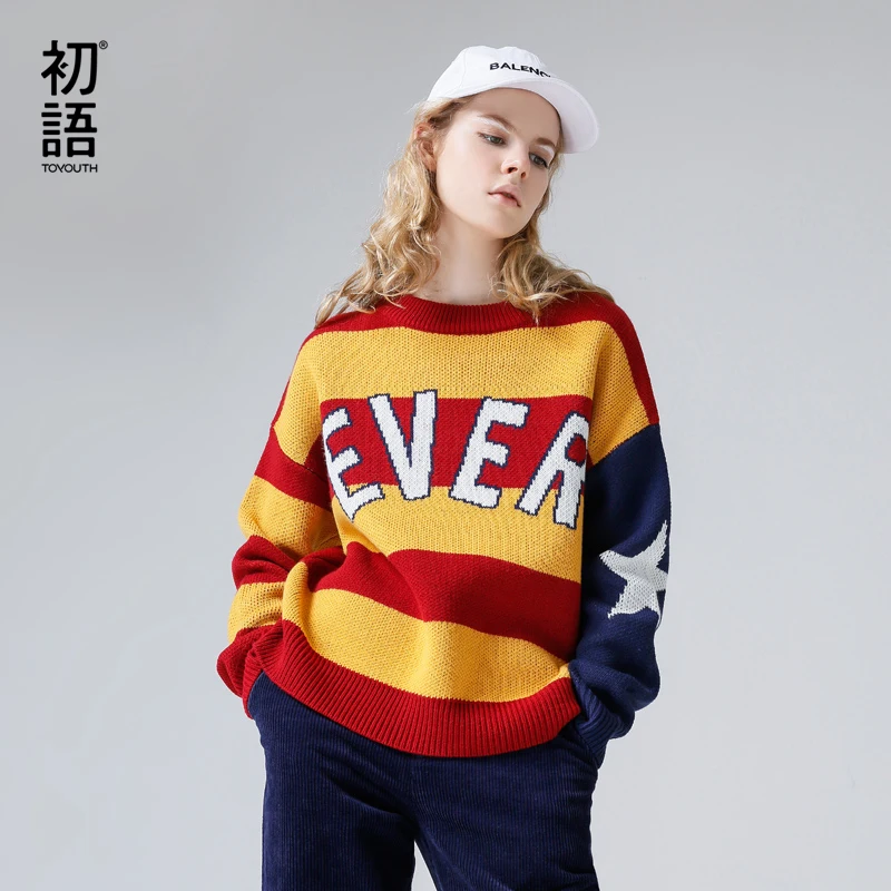 

Toyouth Pullover Sweater Woman Long Sleeve Loose Jumper Pullover Striped Pattern Letter Printed Contrast Color Oversize Sweaters