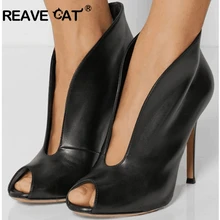 REAVE CAT/женские летние ботинки с открытым носком, с глубоким v-образным вырезом, на ультравысоком каблуке-шпильке, пикантные вечерние ботинки, botas mujer, большие размеры 44, 46
