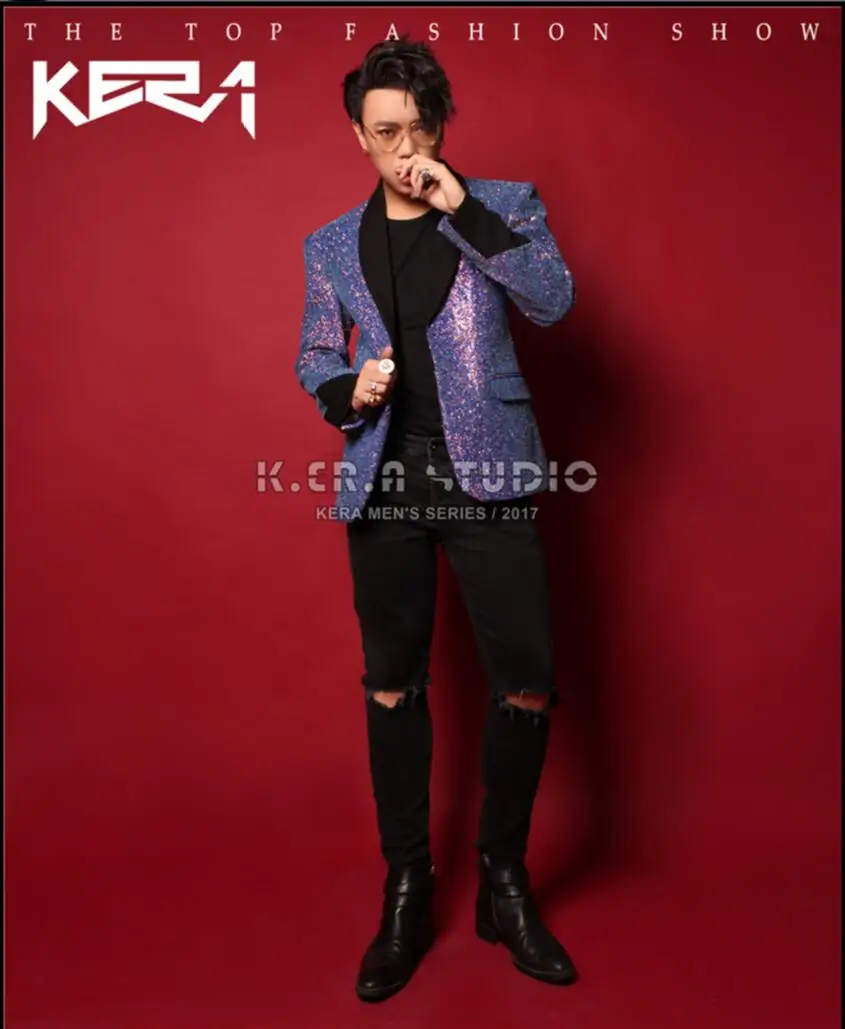 S 5xl 2018 Новый Блестящий Сверкающий Фиолетовый костюм со стразами куртка мужская