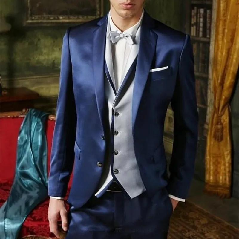 

2017 Groom Tuxedo Shiny Navy Blue Groomsmen Notch Lapel Wedding Dinner Suits Best Man Bridegroom suit (Jacket+Pants+Tie+Vest)