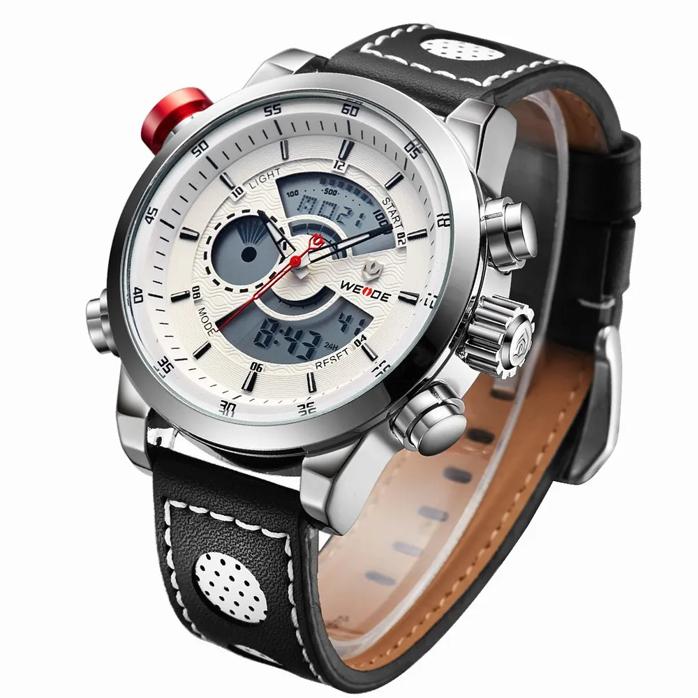 New Sale WEIDE Military Watches Men Luxury Brand Japan Quartz White Dial Solf Leather Strap Analog Digital Diving Men Wristwatch