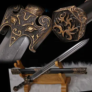 

Handmade Chinese Folded Pattern Steel KungFu Sword For Han Tang Dao Jian Double-Groove Blade/Copper Knife fitted