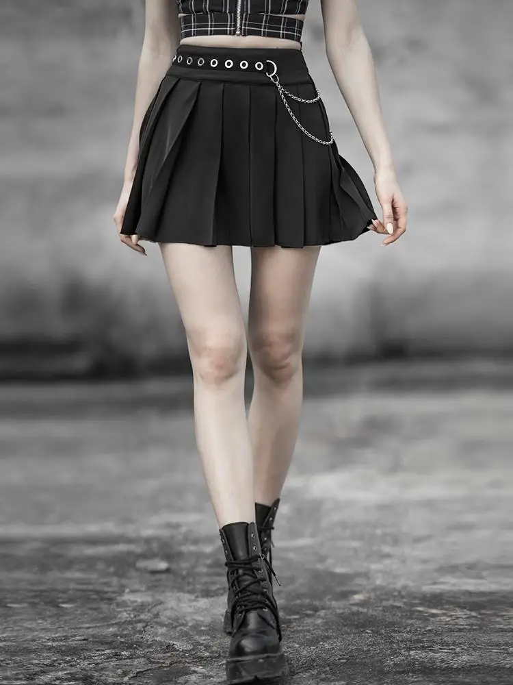 

Punk Rave Women's Goth Chiffon Mini Pleated Skirt With Metal Chain Belt Asia Size PQ-593BQ
