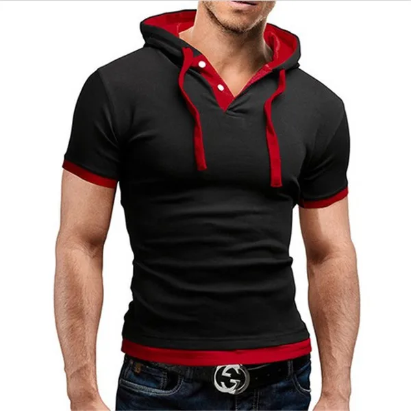 IceLion, летняя мужская футболка с капюшоном, короткий рукав, облегающая футболка, модная, на пуговицах, воротник, одноцветная, Повседневная футболка, мужские Топы И Футболки - Цвет: Black red