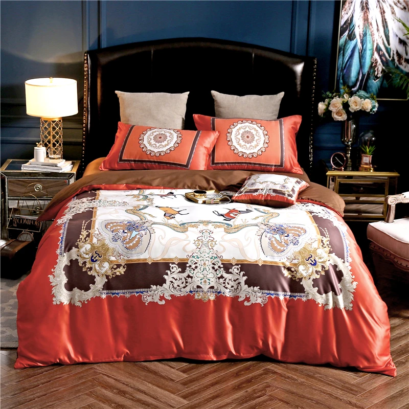 

New Luxury Washed Silk European Palace Bedding Set digital printing Silky Duvet cover Bed Sheet Pillowcases Queen King size 4pcs