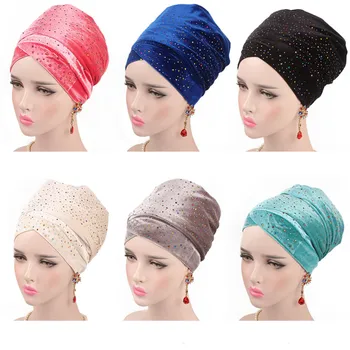 

Muslim Women Sequins Velvet Long Tail Cap Head Wrap Hat Bandanas Scarf Turban