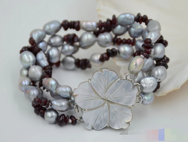 

free shipping 08761 4row gray baroque freshwater cultured pearl garnet bracelet