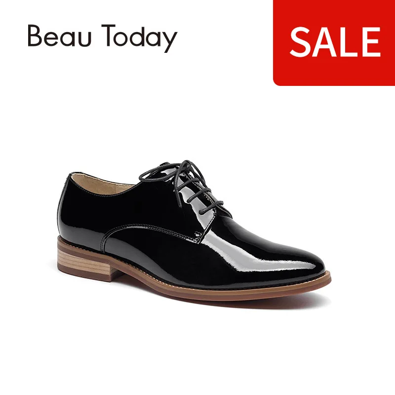 

BeauToday Genuine Leather Derby Shoes Women New Fashion Round Toe Patent Cow Leather Ladies Flats 21076