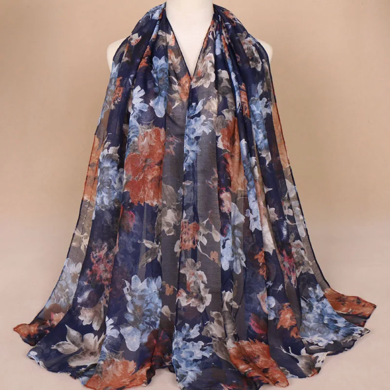 

New Design Women Scarf Vintage Elegant Long Shawl Echarpe Femme Beach Stole Winter Printed Polyester Cotton Muslim Hijab Scarves