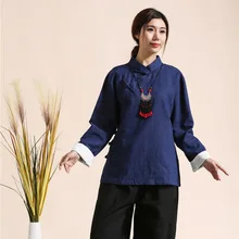 Весна и осень стиль Для женщин Сплошной Цвет хлопок белье ретро футболка вентиляция комфорт футболка китайский Стиль костюм d092