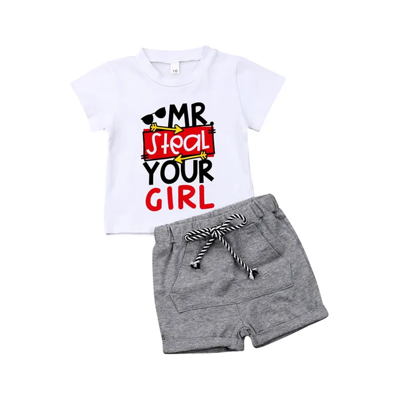 Крутая летняя одежда для новорожденных мальчиков и девочек хлопковая футболка с короткими рукавами и буквенным принтом + шорты с карманами