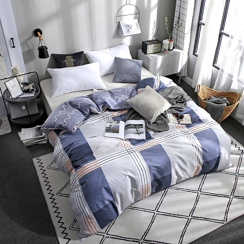 

Simple European Dark Blue Large Plaid Pattern 2019 1Pcs Duvet Cover Plaid Stripes Quilt Cover Skin Care Cotton Bedclothes 4 Size