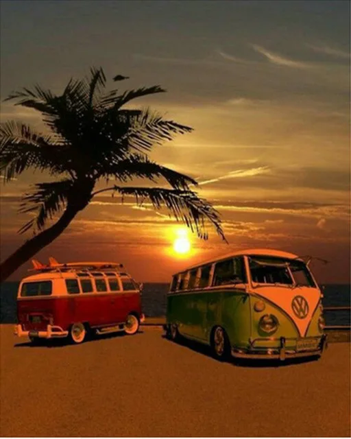 

Diy Diamond Painting Cross Stitch Bus At The Beach In Sunset Needlework 5D Diamond Embroidery Full Round Mosaic Decoration Resin