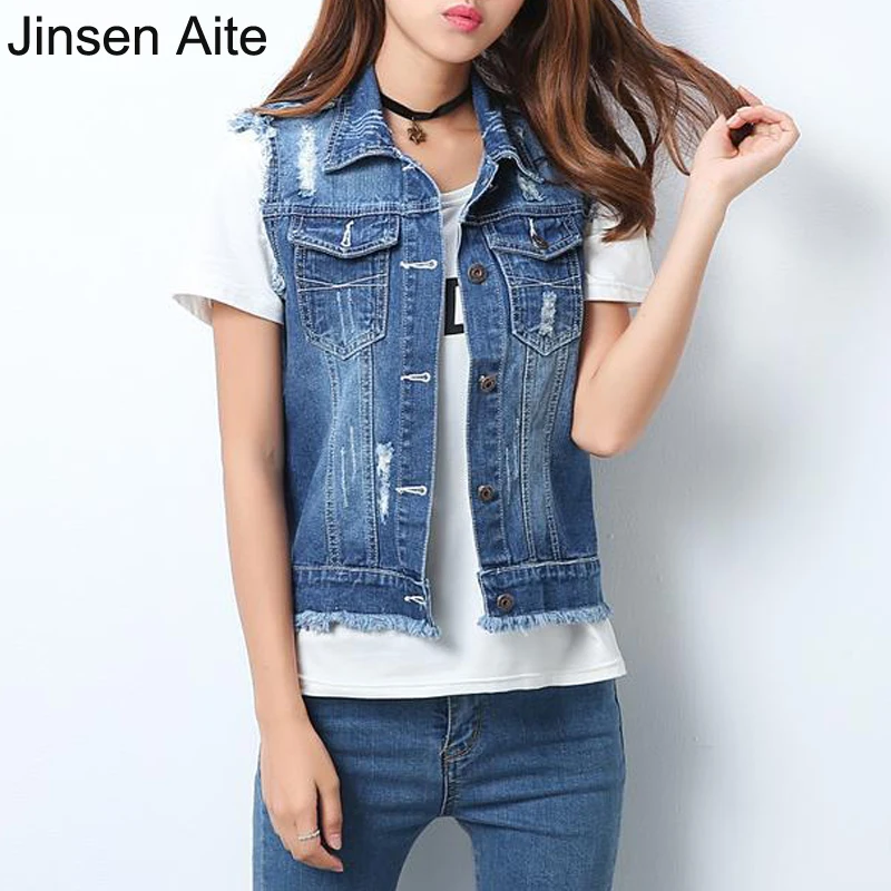 

Jinsen Aite Plus Size 5XL New Women Jeans Vest Spring Summer Style Sleeveless Coats Denim Gilet Vintage Colete Feminino JS392