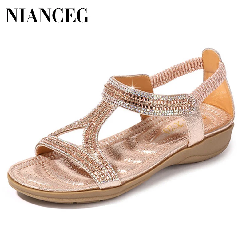

Women Sandals 2019 new Summer Bohemian sandals hollow triangle rhinestone sandals soft bottom wedge flat shoes