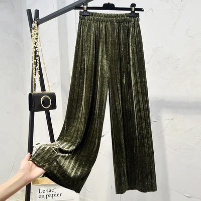 Gowyimmes, большие размеры, женские золотые бархатные штаны, западный стиль, широкие штаны, осенние женские длинные плиссированные брюки, штаны с высокой талией, PD175 - Цвет: Армейский зеленый