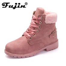 Fujin New Pink Women Boots Lace up Solid Casual Ankle Boots Martin Round Toe Women Shoes winter snow boots warm british style