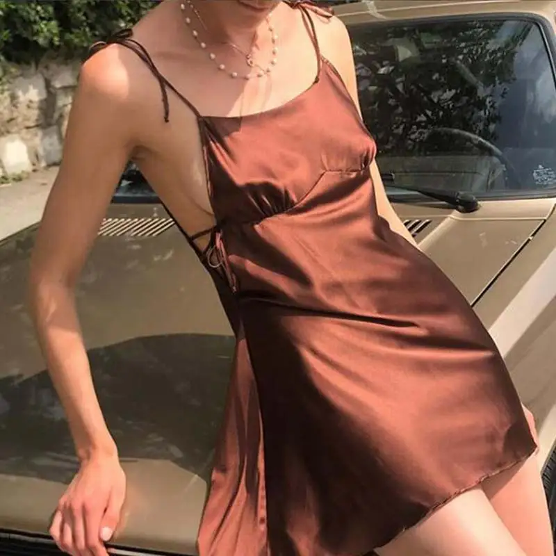 

2019 Summer Sexy Satin Dress Women Solid Spaghetti Strap Backless Hollow Out Bandage Nightclub Women Mini Dresses Female Robes