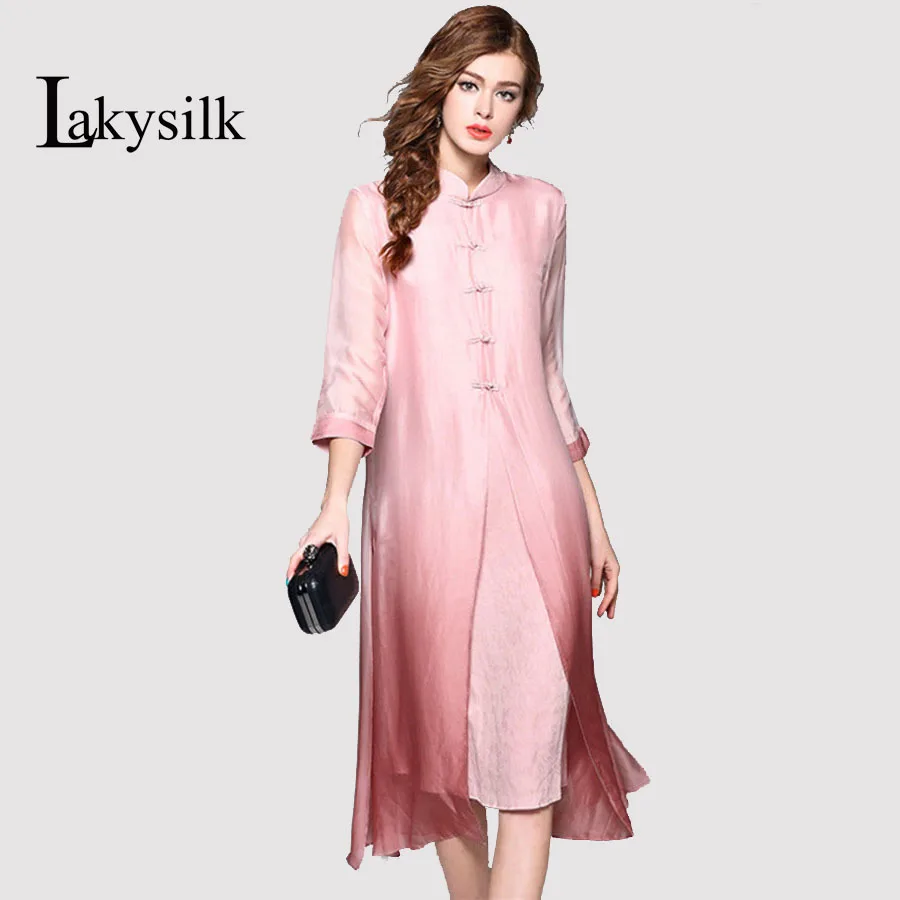 Lakysilk 100 шелк длинное платье женская половина рукава в китайском стиле одноцветное цвет женские мягкие и удобные высокое качество купить на AliExpress