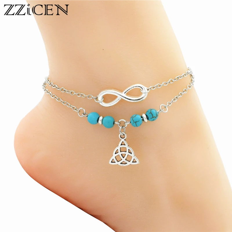 

New Fashion Ethnic Vintage Boho Antique Silver Trinity Knot Charm Triangle Triquetra Symbol Infinity Anklets foot Chain Jewelty