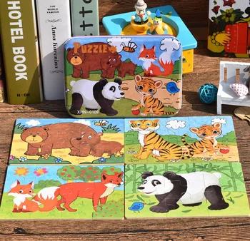 

Baby Educational Toys 4 In 1 Puzzles Set 9/12/15/20Pcs Total 4 Puzzles Iron Box Cartoon Animal/ Vehicle Wooden Toys Child Gift