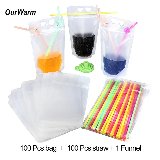OurWarm 100pcs Disposable Drink Pouches with Straw Zipper Clear Stand