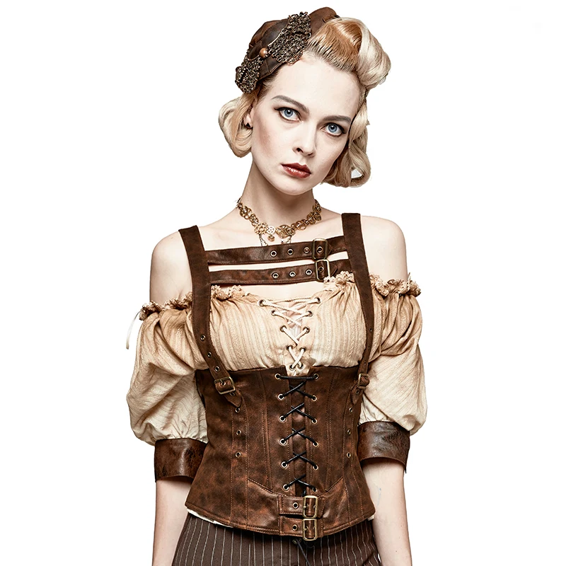 

Cool Women Coffee Drawstring Tight PU Leather Corset Bandage Camisole Adjutable Zipper Corset Steampunk Accessories