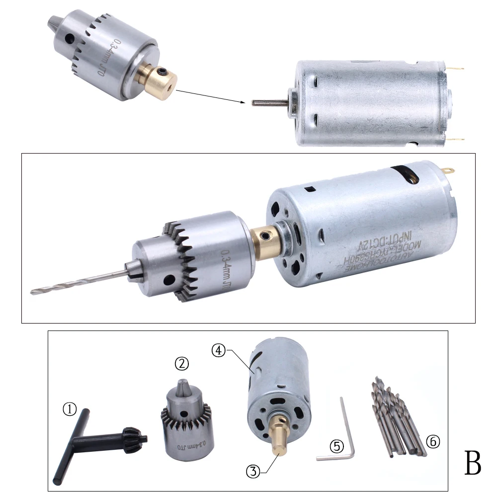 Mini Electric Hand Drill Kit DC 12V Motor with JT0 Drill