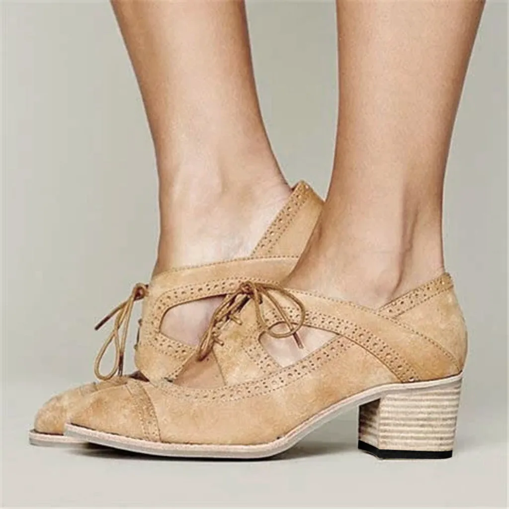

Women Suqare Heels Lace-Up Short Boot Solid Color Hollow Single Shoes Sandals
