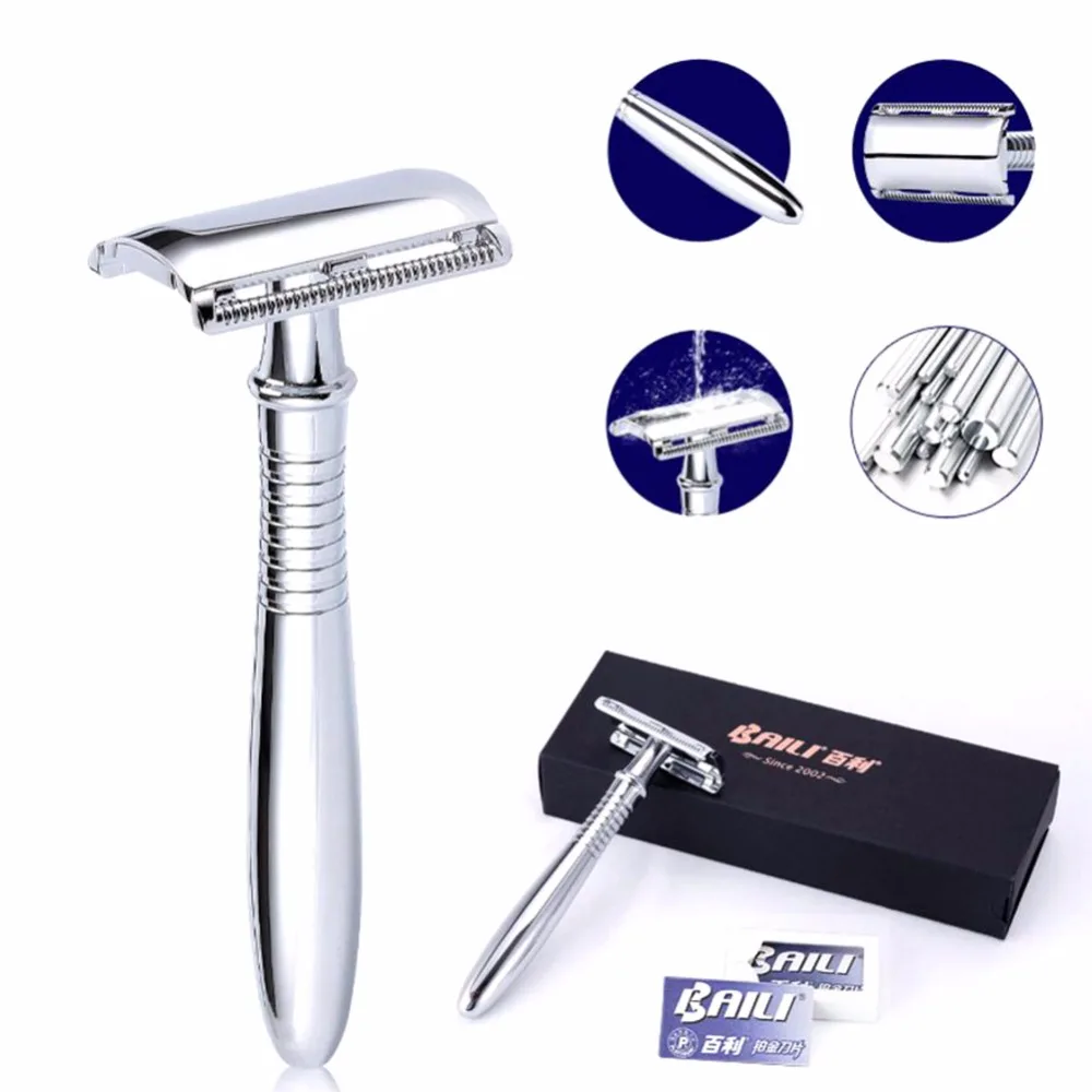 Manual Chrome Long Handle Men's Barber Shaving Safety Blade Razor ...