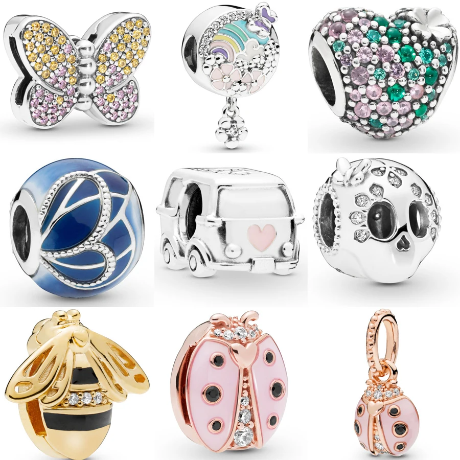 

Best Quality 925 Silver Reflexions Pink Ladybird Clip Charm Fit pandora bracelet Camper Van Charm Skull Charm Bead DIY jewelry