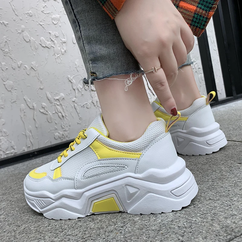 Women Vulcanized Shoes New White yellow Fashion Wedges Sneakers Shoes Women Ladies Trainers Cross Tie Tenis Feminino k217