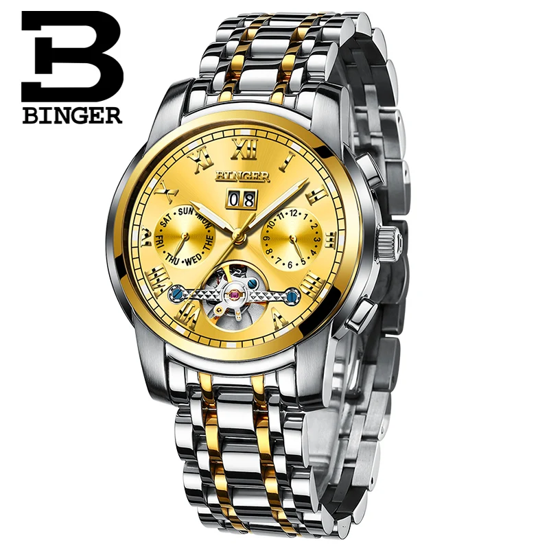 Роскошные золотые часы для мужчин швейцарские механические BINGER Tourbillon