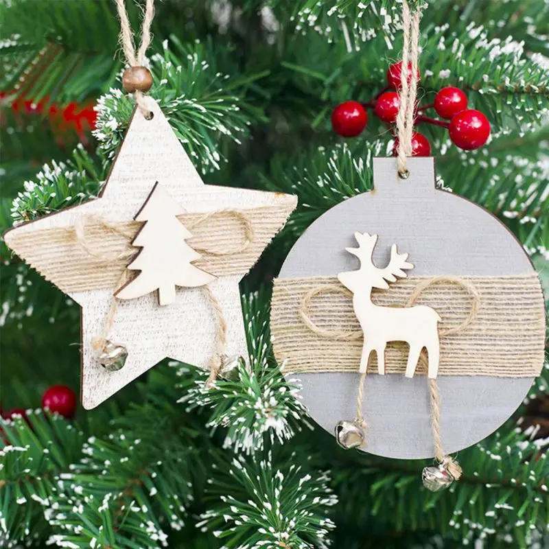 

2pcs Five Star Elk Wooden Christmas Bell Hanging Ornaments Cards Christmas Tree Decoration For Home Xmas Pendants For Kids Gifts