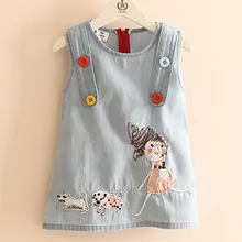 Джинсовое платье принцессы для маленьких девочек; сарафан Туту трапециевидной формы; джинсовая одежда для детей без рукавов с вышивкой и героями мультфильмов