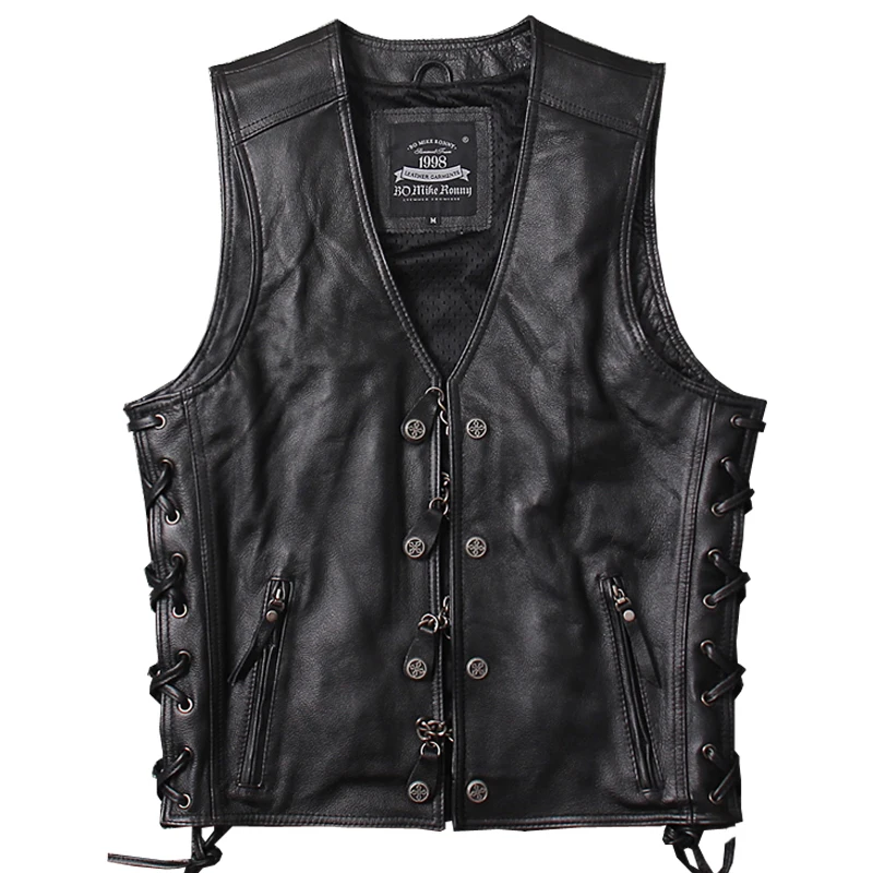 

2019 Black Men Genuine Motorcycle Leather Vest Plus Size XXXXL Cowhide Slim Fit Short Chains Biker's Leather Vest FREE SHIPPING
