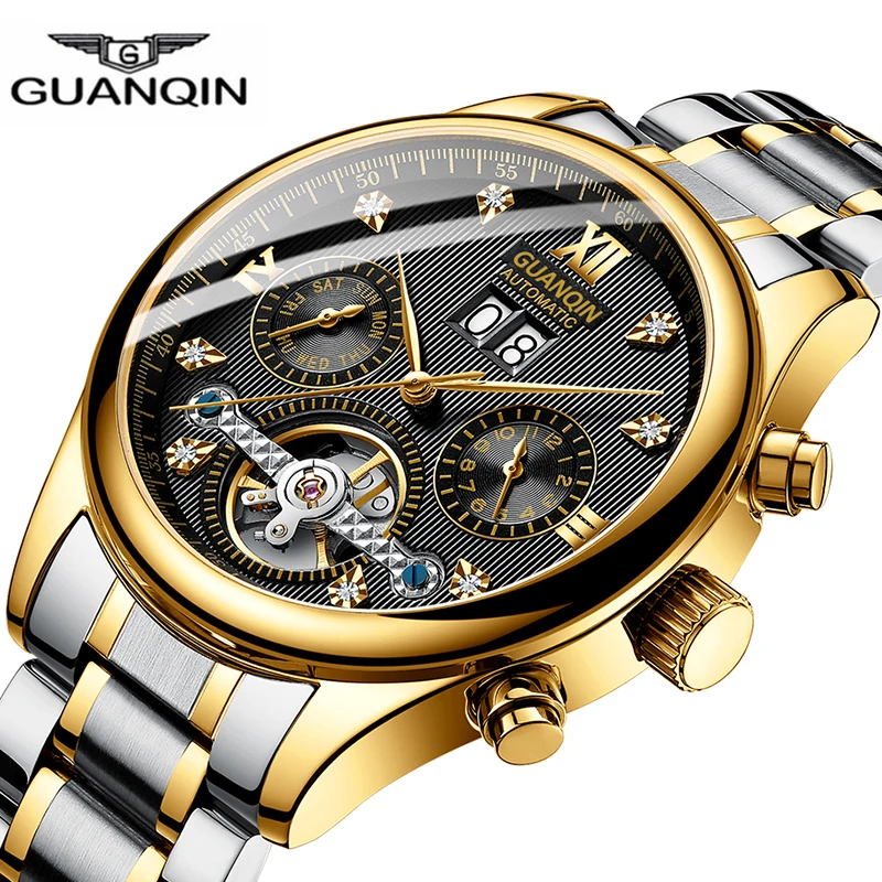 

Fashion Tourbillon Mechanical Watch Top brand GUANQIN High end Automatic watch men Calendar Week Waterproof Steel Montre homme