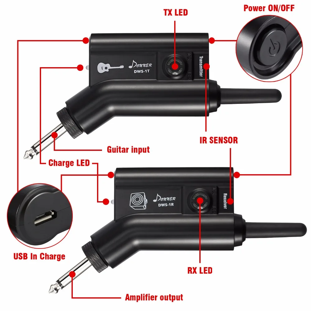 Donner DWS-1 беспроводной цифровой аудио электрогитара система басовый передатчик приемник перезаряжаемый 200Ft диапазон аксессуары для гитары