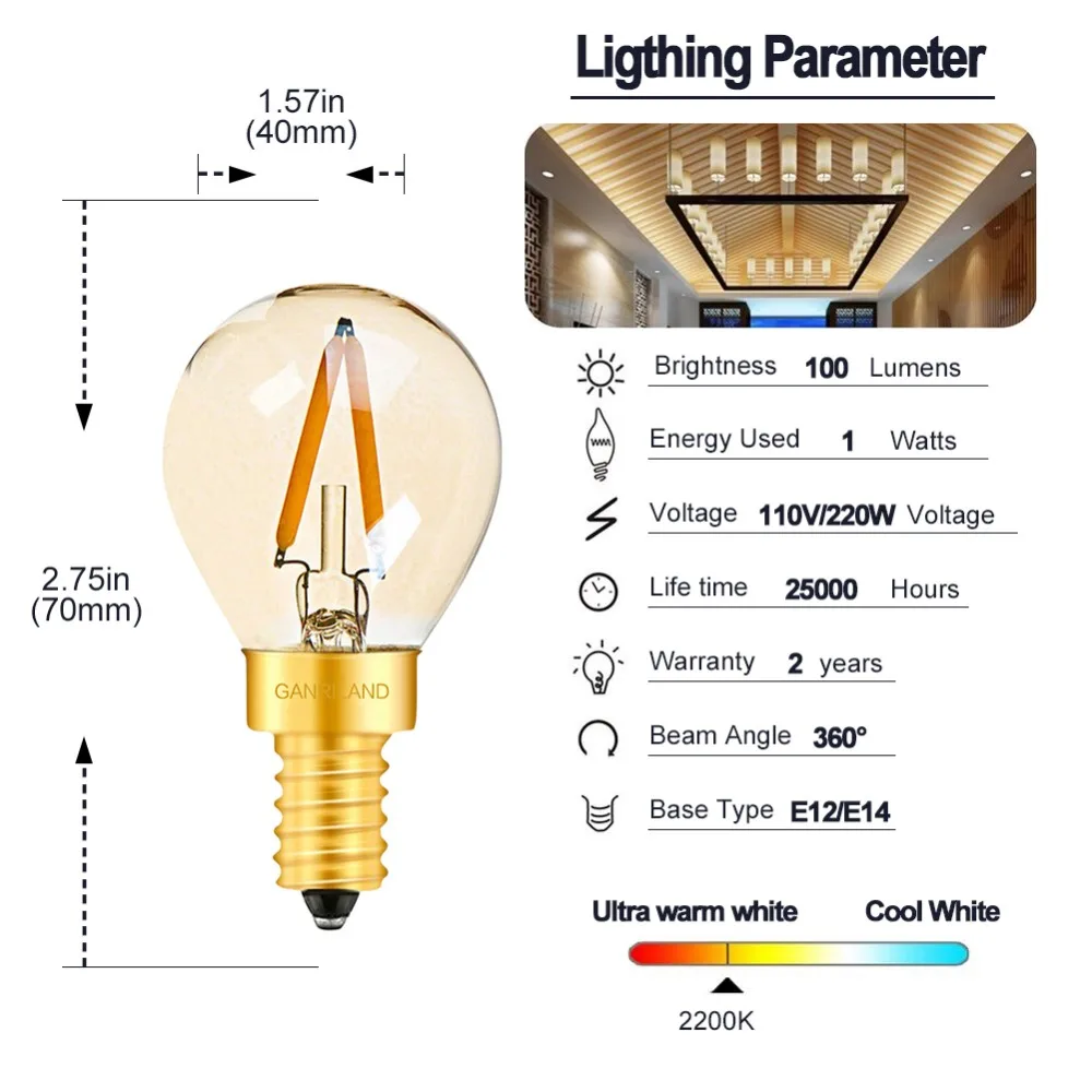 GANRILAND светодиодный E14 диммируемая Золотая мини трубчатая люстра ночник 0,5 Вт 1 Вт 2 Вт 4 Вт 2200 к E14 220V- 240V В винтажный Светодиодный лампочки накаливания