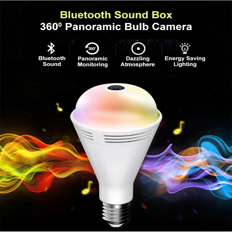 

Smart Home Security Bluetooth Music Light Bulb Camera With Speaker 360 Panoramic Fisheye WiFi IP Camera For Baby Nanny Monitor