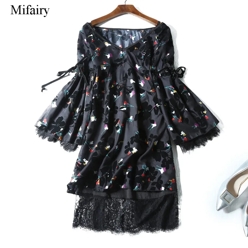 

2017 Black V Collar Flare Long Sleeves Lace Print Celebrity Style Dress Milan Runway Mini Dress High End Vestidos De Festa