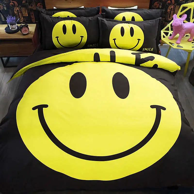 

smile bedding set 3d black yellow duvet/quilt cover 3/4pcs bedspreads king queen full twin size girl boy linens cartoon decor