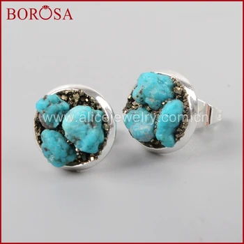 

BOROSA Blue Stone Stud Earrings, Fashion Gold Color Druzy Brass Natural Blue Stone Pyrite Chips Studs for Women as gift G1192