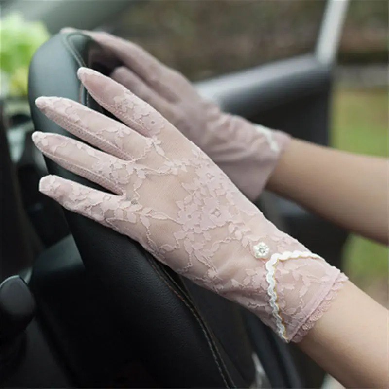 Женские перчатки Лето французский ветер кружева перчатки автомобильные ультра-тонкий вождения Нескользящие анти-УФ сенсорный экран дышащий эластичный FS09 - Цвет: skin pink