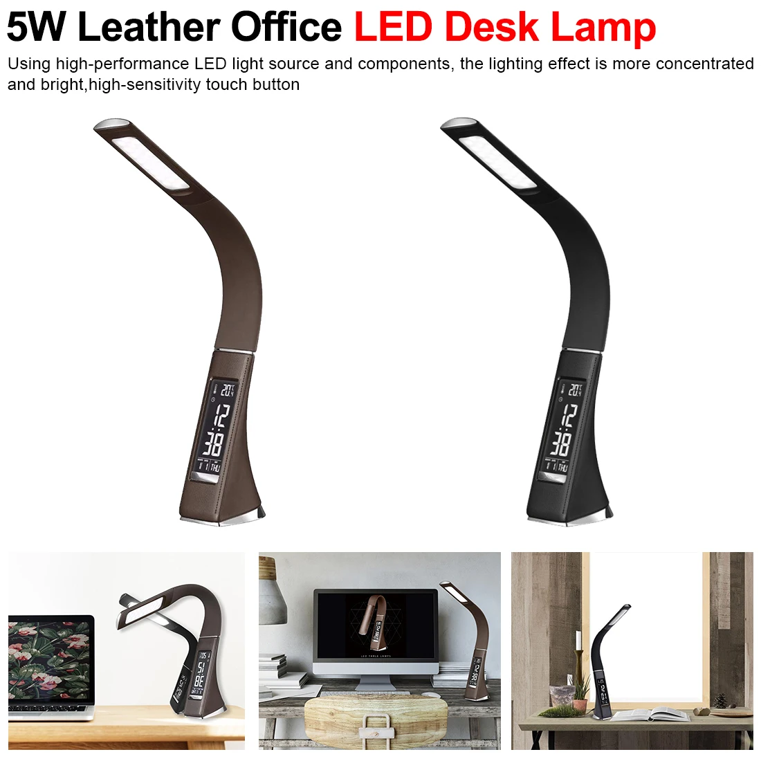 

Table Lamps with LCD Display Clock Calendar For Work 5W Leather Texture Office Business LED Desk Lamp Dimming